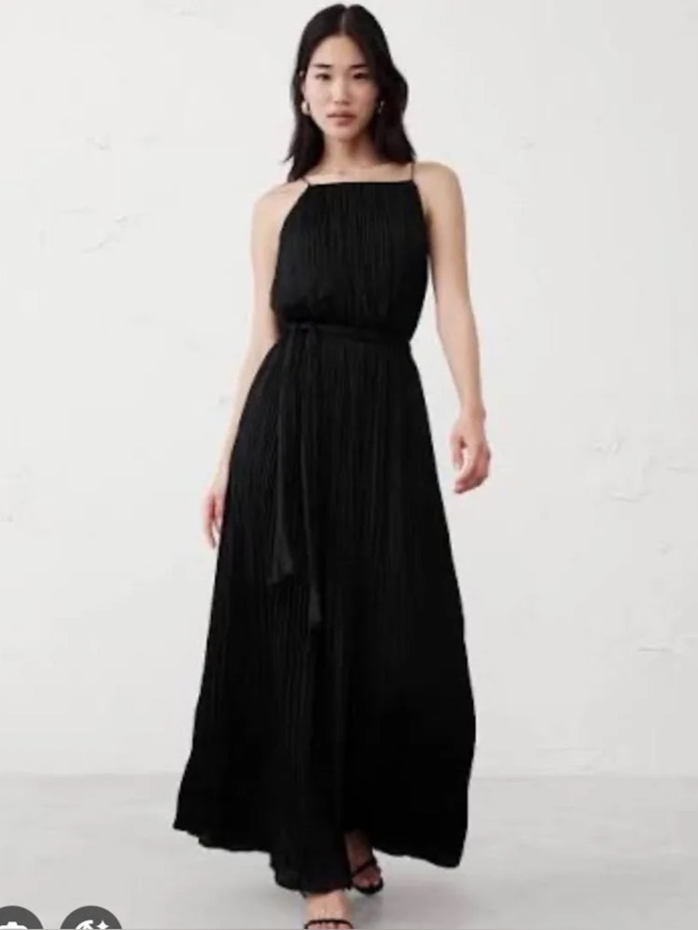 Banana Republic Fine Gathers, Black Pleated Maxi Dress with Waist Tie - Women